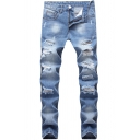 Fancy Men's Jeans Distressed Frayed Light Wash Side Pockets Mid Waist Long Skinny Jeans