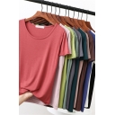 Elegant Women's Tee Top Solid Color Round Neck Short Sleeves Regular Fitted Bottoming T-Shirt