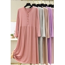 Leisure Women's T-Shirt Dress Button Detail Pleated V Neck Long-sleeved Relaxed Fit Midi T-Shirt Dress