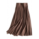 Leisure Women's Skirt Solid Color Pleated High Waist Midi A-Line Skirt