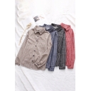 Leisure Shirt Checkered Pattern Long Sleeve Point Collar Button Up Chest Pocket Relaxed Shirt Top for Women