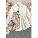 Girls Chic Shirt Cartoon Print Patched Long Sleeve Point Collar Button Up Relaxed Fit Shirt Top