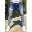 Unique Men's Jeans Frayed Distressed Broken Hole Zip Fly Ankle Length Skinny Jeans with Washing Effect