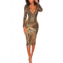 Boutique Ladies Dress Sequined Striped Long Sleeve Deep V-neck Midi Tight Dress in Gold