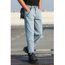 Retro Mens Jeans Light Wash Side Pocket Zip Fly Ankle Length Tapered Denim Jeans