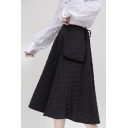 Fancy Women's Skirt Quilted Solid Color Side Pocket Drawstring Waist Midi A-Line Skirt