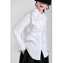 Fancy Women's Shirt Solid Color Ruffle Detail Button Fly Side Split Mock Neck Long-sleeved Relaxed Fit Shirt Blouse