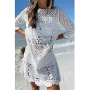 Basic Womens Dress Solid Color Crochet Hollow out Scalloped Trim 3/4 Sleeve Mini Regular Fitted Round Neck Beach Cover up Dress