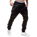 Fancy Men's Pants Contrast Stitching Zip Pockets Heathered Drawstring Low Waist Regular Fitted Long Jogger Pants