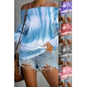 Stylish Women's Tee Top Tie Dye Pattern off the Shoulder Long Sleeves Regular Fitted T-Shirt