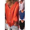 Leisure Women's Tee Top Solid Color Button Design Backside Scoop Neck Long Sleeves Loose Fitted T-Shirt