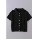 Summer Basic Simple Plain Turn-Down Collar Short Sleeve Button-Down Black Cropped T-Shirt