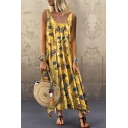 Holiday Style Swing Dress All over Tribal Floral Print Scoop Neck Sleeveless Strap Pleated Detail Relaxed Fit Long Swing Dress for Women