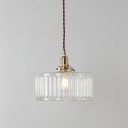 Round Dining Room Ceiling Pendant Simplicity Clear Ribbed Glass Single Brass Hanging Light Kit
