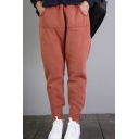 Leisure Womens Jogger Pants Solid Color Front Pocket Brushed Elastic Waist Full Length Jogger Pants