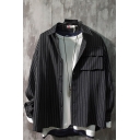Elegant Men's Shirt Stripe Pattern Flap Chest Pockets Brushed Button-down Spread Collar Long-sleeved Relaxed Fit Shirt