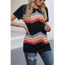 Womens Soft Colorful Chevron Print Short Sleeve Crew-neck Regular T Shirt