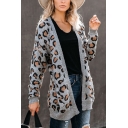 Gray Leisure Leopard Pattern Long Sleeve Open Front Long Cardigan for Women