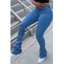 Leisure Women's Jeans Solid Color Side Pockets Button Fly Stacked Skinny Jeans with Washing Effect
