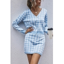 Sky Blue Houndstooth Printed Knit Long Sleeve Button-up Cardigan & Mini Sheath Skirt Chic Set for Ladies