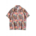 Retro Men's All over Leaf Print Button Closure Spread Collar Short Sleeves Loose Fitted Shirt