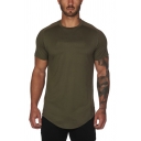 Casual Men's Tee Top Solid Color Asymmetrical Hem Crew Neck Short Sleeves Regular Fitted T-Shirt
