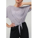Elegant Women's Training Tee Top Heathered Front Tie Round Neck Short-sleeved Regular Fitted Workout T-Shirt