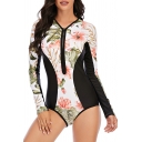 Stylish Women's Bodysuit Contrast Panel Floral Leaf Pattern Zip Detail V Neck Long-sleeved Fitted Bodysuit