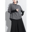 Ladies Trendy T Shirt Panel Long Sleeve Polo Collar Curved Hem Loose T Shirt