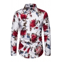 Fashion Mens Shirt All Over Rose Print Long Sleeve Point Collar Button Up Regular Shirt