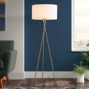 Fabric Flaxen/White Standing Lamp Drum 1 Bulb Minimalism Floor Light with Crossed Tripod
