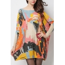 Womens Popular Top Colorful Graffiti Long Sleeve Round Neck Loose Fit Longline Knitted Top