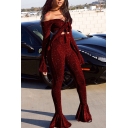 Fancy Women's Set Sequined off the Shoulder Front Tie Long Flare Cuff Sleeves Fitted Crop Top with High Rise Long Pants