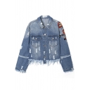 Womens Faded Wash Embroidery Flower Slight Distressing Raw Edges Long Sleeve Cropped Denim Jacket