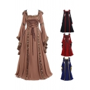 Retro Ladies Dress Floral Printed Bell Long Sleeve Hooded Lace Up Front Maxi Pleated Flared Dress