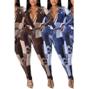Stylish Womens Set Printed Long Sleeve Deep V-neck Fitted Jacket & Pants Set in Blue