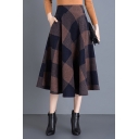 Vintage Womens Skirt Plaid Pattern Pleated Detail High Waist Pleated Relaxed Fit Midi A-Line Skirt