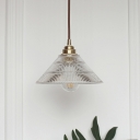 Single-Bulb Pendant Light Fixture Loft Dining Room Ceiling Lamp with Cone Ribbed Glass Shade in Brass