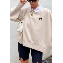 Womens Sweatshirt Chic Crescent Moon Embroidery Loose Fitted Crew Neck Long Drop-Sleeve Sweatshirt