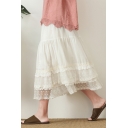 Vintage Womens Skirt Layered Lace Trim High Elastic Rise Midi A-Line Bottoming Skirt