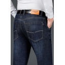 Mens Business Jeans Stylish Pockets Thick Zipper Fly Full Length Regular Fit Straight Jeans with Washing Effect