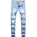 Retro Men's Jeans Distressed Button Fly Side Pocket Long Regular Fitted Long Jeans with Light Washing Effect