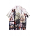 Retro Men's Shirt Landscape Paris Effel Tower Street Pattern Button Fly Turn-down Collar Short Sleeves Relaxed Fit Shirt