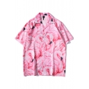 Stylish Men's Shirt All over Flamingo Pattern Button-down Spread Collar Short Sleeves Relaxed Fit Shirt