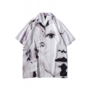 Stylish Men's Shirt Face Printed Button Fly Spread Collar Short Sleeves Relaxed Fit Shirt