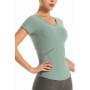 Casual Women's Yoga Tee Top Patchwork Mesh Gauze Round Neck Flatlock Stitching Raglan Short Sleeves Slim Fitted T-Shirt