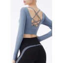 Fancy Women's Tee Top Solid Color Criss Cross Back Round Neck Long-sleeved Slim Fitted Workout T-Shirt