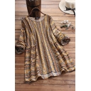 Vintage Women's Blouse Tribal Printed Round Neck Long-sleeved Relaxed Fit Pleated Pullover Blouse