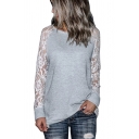Girls Pretty Tee Top Sheer Lace Long Sleeve Round Neck Relaxed Fitted Plain Tee Top