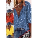 Summer Shirt Polka Dot Printed Blouson Sleeve Button Up V-neck Relaxed Shirt Top for Ladies
